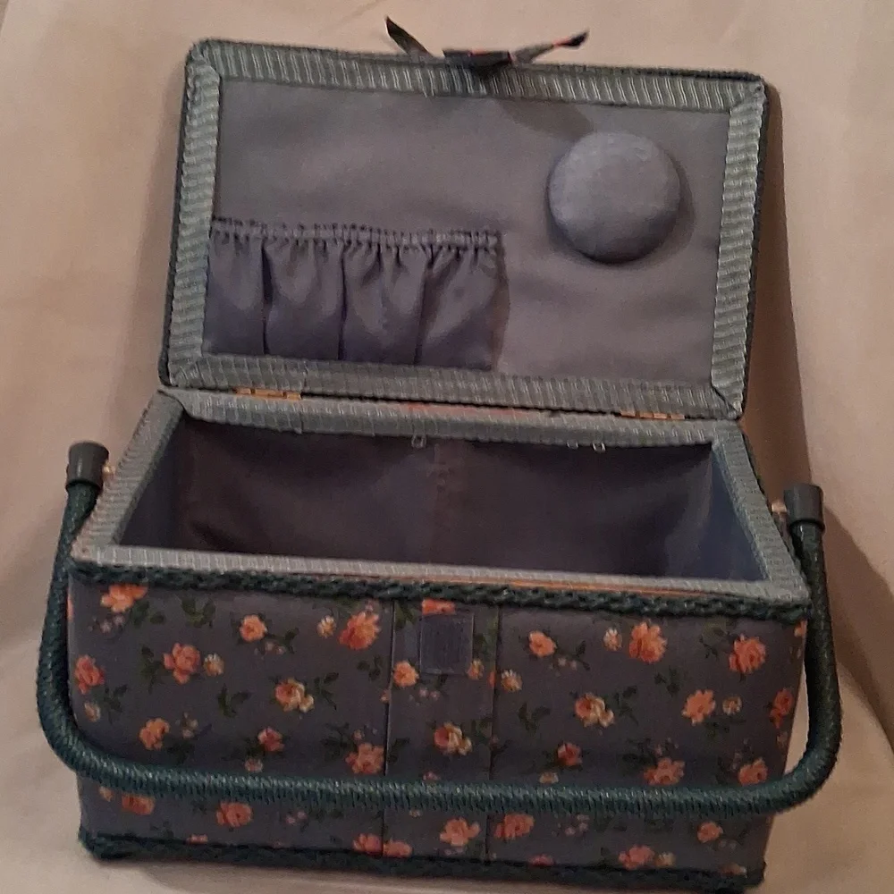 Sewing Basket covered w padded blue/pink floral fabric-sz 11 1/2 x 7 x 6 1/2 in.